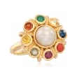 7mm Cultured Button Pearl and .49 ct. t.w. Multi-Stone Ring in 18kt Gold Over Sterling