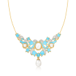 Cultured Pearl, Mother-of-Pearl and 4.20 ct. t.w. Swiss Blue and White Topaz Bib Necklace with Blue Enamel in 18kt Gold Over Sterling