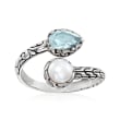 5mm Cultured Pearl and 1.00 Carat Sky Blue Topaz Bali-Style Bypass Ring in Sterling Silver