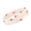 4-4.5mm Cultured Pearl and Coral Multi-Strand Adjustable Wrap Bracelet in 14kt Yellow Gold