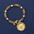 Italian 6mm Cultured Pearl and Replica Lira Coin Byzantine Bracelet in 18kt Gold Over Sterling 