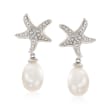 6-7mm Cultured Pearl and White Topaz-Accented Starfish Drop Earrings in Sterling Silver
