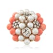 C. 1980 Vintage Cultured Pearl and .60 ct. t.w. Diamond Cluster Ring with Pink Coral in 14kt Gold