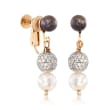 C. 1990 Vintage 6.5mm Black and White Cultured Pearl and 1.50 ct. t.w. Diamond Earrings in 14kt Yellow Gold