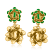18kt Gold Over Sterling Christmas Bow Drop Earrings with Green Enamel
