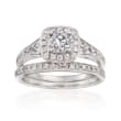 1.13 ct. t.w. Diamond Bridal Set: Square Halo Engagement and Wedding Rings in 14kt White Gold