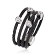 ALOR &quot;Noir&quot; Black Stainless Steel Cable Ring with Diamond Stations and 18kt White Gold