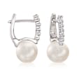 8mm Cultured Pearl and .18 ct. t.w. CZ Huggie Hoop Earrings in Sterling Silver