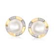 10.5-11mm Cultured Pearl Earrings with Diamond Accents in 14kt Yellow Gold