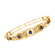 C. 1950 Vintage .95 ct. t.w. Synthetic Sapphire and Seed Pearl Leaf Bangle Bracelet in 14kt Yellow Gold