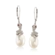 9-9.5mm Cultured Pearl and .10 ct. t.w. Diamond Snake Earrings with Garnet Accents in Sterling Silver