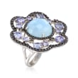 5.50 Carat Milky Aquamarine Floral Ring with Black Spinels and Tanzanites in Sterling Silver