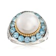11-12mm Cultured Pearl and 3.00 ct. t.w. Blue Topaz Ring in Sterling Silver and 14kt Yellow Gold