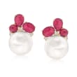 14-14.5mm Cultured Pearl and 1.00 ct. t.w. Ruby Doublet Earrings with .17 ct. t.w. Diamonds in 14kt Yellow Gold