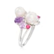 6.5-8mm Cultured Pearl and 1.19 ct. t.w. Multi-Gemstone Ring in Sterling Silver