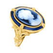 Italian Blue Agate Cameo Ring with Blue Enamel in 18kt Gold Over Sterling