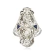 C. 1940 Vintage .47 ct. t.w. Diamond and .20 ct. t.w. Synthetic Sapphire Filigree Ring in 18kt White Gold