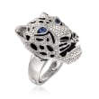 Black Onyx and .10 ct. t.w. Sapphire Panther Head Ring in Sterling Silver