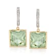 14.00 ct. t.w. Green Prasiolite and .18 ct. t.w. Diamond Drop Earrings in 14kt Yellow Gold