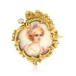 C. 1900 Vintage Painted Portrait Pin with Seed Pearl and Diamond Accent in 18kt Yellow Gold