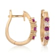 .25 ct. t.w. Ruby and .10 ct. t.w. Diamond Hoop Earrings in 14kt Yellow Gold