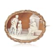 C. 1900 Vintage Brown Shell Cameo Pin in 10kt Yellow Gold with Blue Enamel
