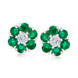 1.20 ct. t.w. Emerald and .26 ct. t.w. Diamond Flower Stud Earrings in 14kt White Gold