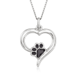 Italian Sterling Silver and Black Enamel Paw Print Open-Heart Pendant Necklace
