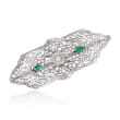 C. 1950 Vintage Green Glass Filigree Pin with Diamond Accent in 10kt White Gold