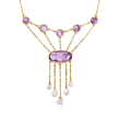C. 1890 Vintage 7.00 ct. t.w. Amethyst and 5x3.5mm Cultured Pearl Drop Necklace in 14kt Yellow Gold