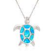 Blue Synthetic Opal Turtle Pendant Necklace in Sterling Silver