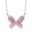 Pink Mother-Of-Pearl Butterfly Necklace with Diamond Accents in Sterling Silver