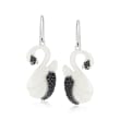 Italian .62 ct. t.w. Black and White CZ and White Enamel Swan Drop Earrings in Sterling Silver