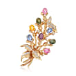 C. 1980 Vintage 5.20 ct. t.w. Multicolored Sapphire and .30 ct. t.w. Diamond Floral Pin in 14kt Yellow Gold