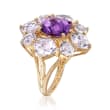 C. 1980 5.60 ct. t.w. Rock Crystal and 3.15 Carat Amethyst Floral Ring in 14kt Yellow Gold