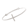 Sterling Silver Sideways Cross Bangle Bracelet with Diamond Accents