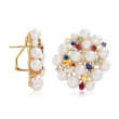 Cultured Pearl, 2.98 ct. t.w. Multi-Gemstone and Diamond Earrings in 18kt Yellow Gold