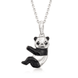 Black Enamel Panda Pendant Necklace with Black Spinel Accents in Sterling Silver