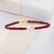 9-10mm Cultured Pearl and 22.00 ct. t.w. Ruby Bead Bracelet with 14kt Yellow Gold