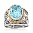 5.00 Carat Sky Blue Topaz Openwork Ring in Sterling Silver and 14kt Yellow Gold