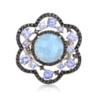 5.50 Carat Milky Aquamarine Floral Ring with Black Spinels and Tanzanites in Sterling Silver