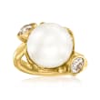C. 1980 Vintage 12.5mm Cultured South Sea Pearl and 1.00 ct. t.w. Diamond Dinner Ring in 18kt Yellow Gold