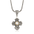 Balinese Cultured Button Pearl Cross Pendant Necklace in Sterling Silver and 18kt Gold