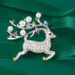 Cultured Button Pearl and 1.63 ct. t.w. Multicolored Multi-Stone Reindeer Pin Pendant in Sterling Silver and 14kt Gold