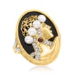 Black Agate, 3.5-4mm Cultured Pearl and .14 ct. t.w. Multi-Gemstone Cameo-Style Ring in 18kt Gold Over Sterling