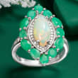 Opal and 1.80 ct. t.w. Emerald Marquise-Shaped Ring with .17 ct. t.w. Diamonds in Sterling Silver