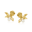 3.5-4mm Cultured Pearl Rose Flower Earrings in 14kt Yellow Gold
