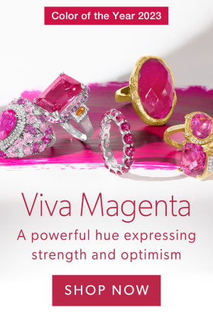 Color of the Year 2023. Viva Magenta. Shop Now. Image Featuring Magenta Jewelry on a White Background
