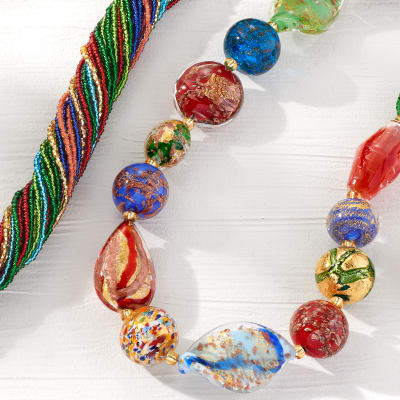 Murano Jewelry. Image featuring Italian Multicolored Murano Glass Fish Necklace with 18kt Gold Over Sterling 932281.