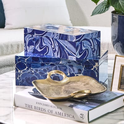Home Decor. Image featuring two blue storage boxes and Silver Tray